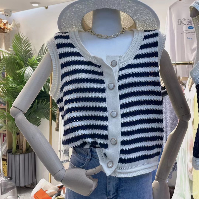 Korea dongdamen 2022 early autumn new fashion leisure versatile stripe hollow out foreign style vest vest jacket