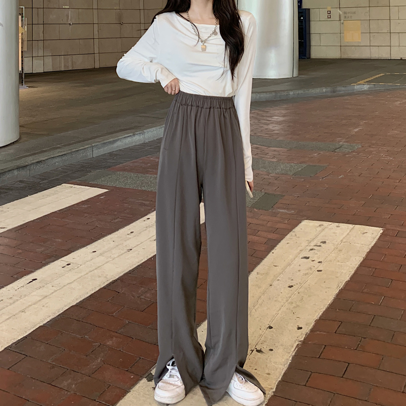 Real shot real price black straight tube wide leg split suit pants show thin vertical feeling casual floor mops