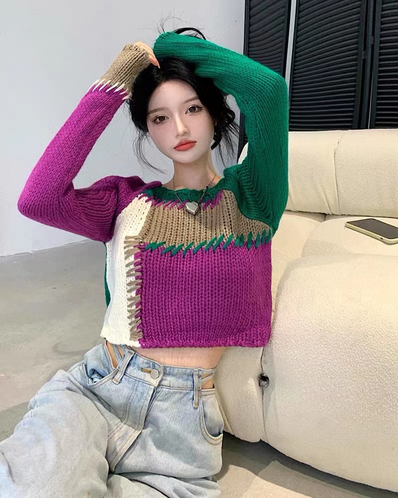 Hong Kong style contrast color splicing square neck sweater 2022 new fashion slim short bottoming top chic autumn and winter