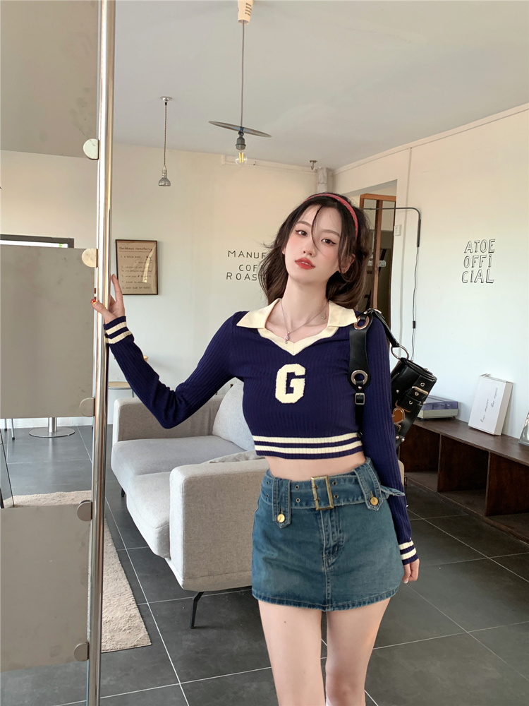 2022 autumn new American retro college style short pullover with net red top slim knitted sweater women