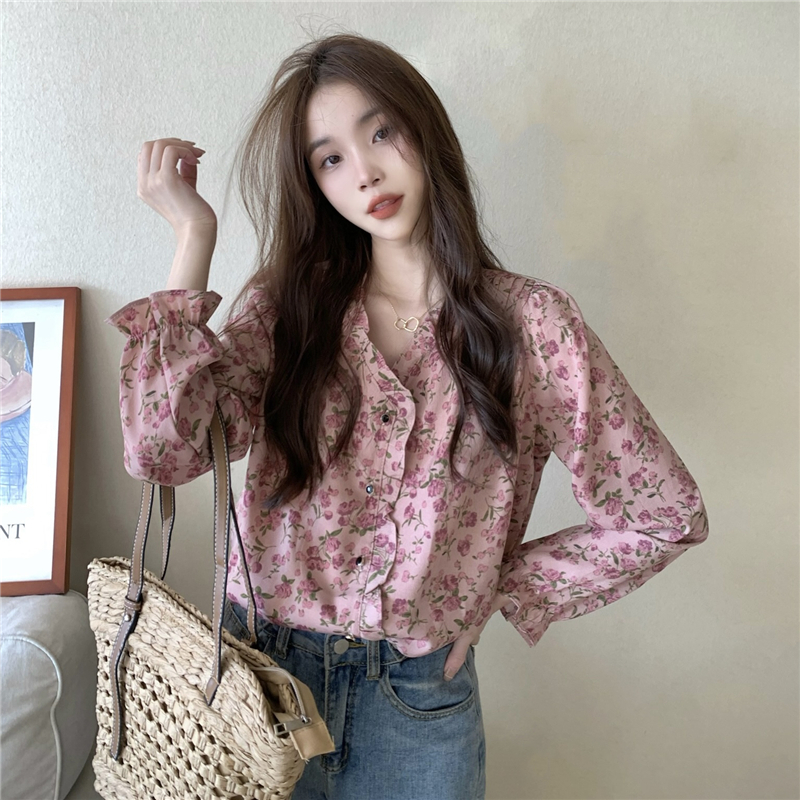 Real price real price French V-neck temperament floral shirt chic niche age-reducing chiffon shirt retro long-sleeved top