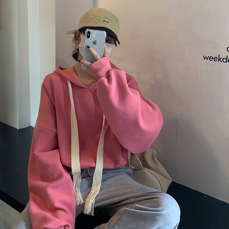 2022 Autumn and winter wear draw rope grain sense solid color hat and thick hoodie women