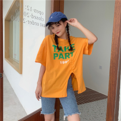 Real shot real price ins hem drawcord split letter print with loose T-shirt for women