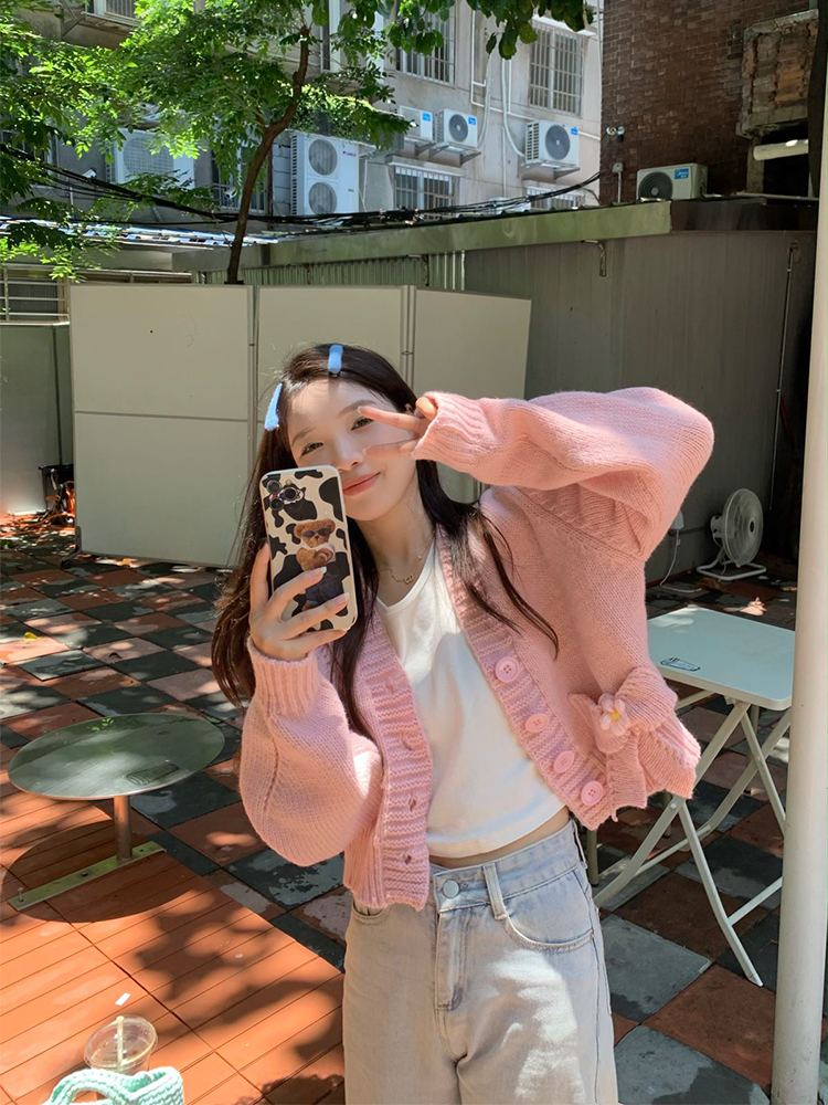 Real shooting real price Han chic autumn college style pink and tender bow sweater cardigan