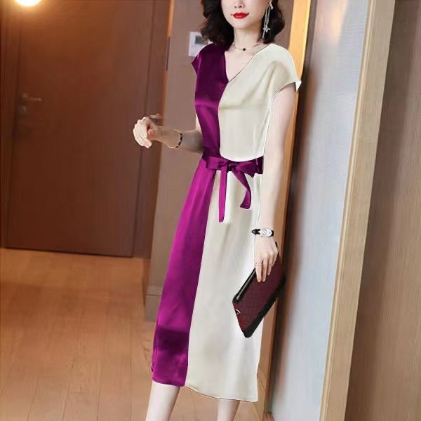Mosaic dress women's 2022 new summer V-neck waist air slim long knee-length skirt