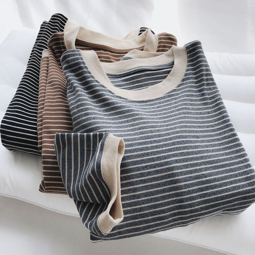 Official picture net price autumn and winter round neck German velvet women's top double-sided brushed stripes rear bag