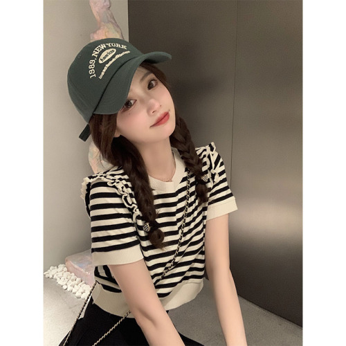 Pearl Krabs Knitted Short-sleeved T-shirt Women's Loose Striped Jacket Design Sense Minor Short T-shirt Summer  New