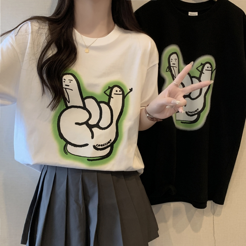 Real shot 200g combed 100% cotton summer short-sleeved T-shirt women's printed loose Korean summer top