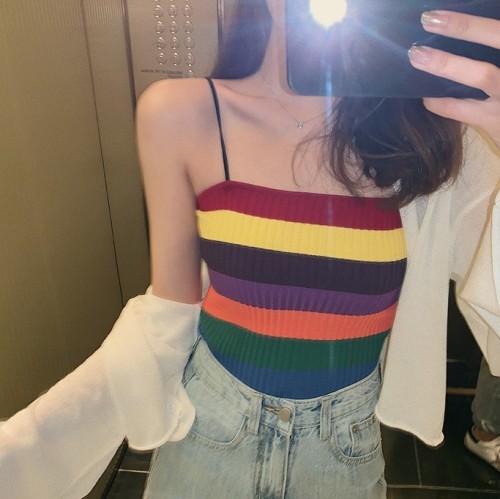 Miss's contrast solid color knitting rainbow strip Halter vest with wooden ears