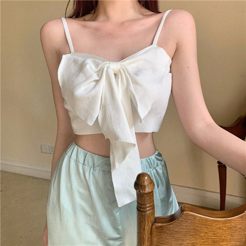 Suspender vest women's spring and summer French bow white short sexy sleeveless top