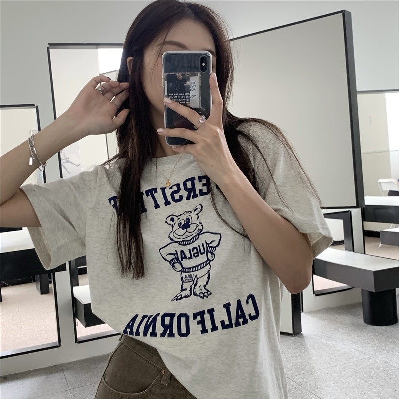 2022 summer new Korean bear print short sleeve T-shirt women's Retro bottoms shirt Hong Kong chic top T-shirt