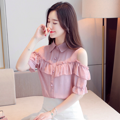 Leaky shoulder chiffon blouse women's short sleeve summer super immortal Korean version loose air small shirt with ruffle edge off shoulder top trend