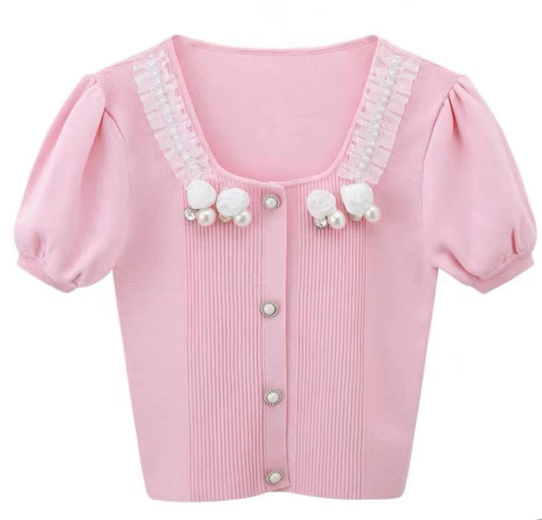 23 spring new small fragrant wind puff sleeve knitted T-shirt square collar beaded lace short niche top