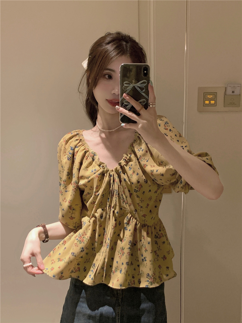Real price real price summer forest blouse 2023 Korean version loose v-neck slim tie floral chiffon top women