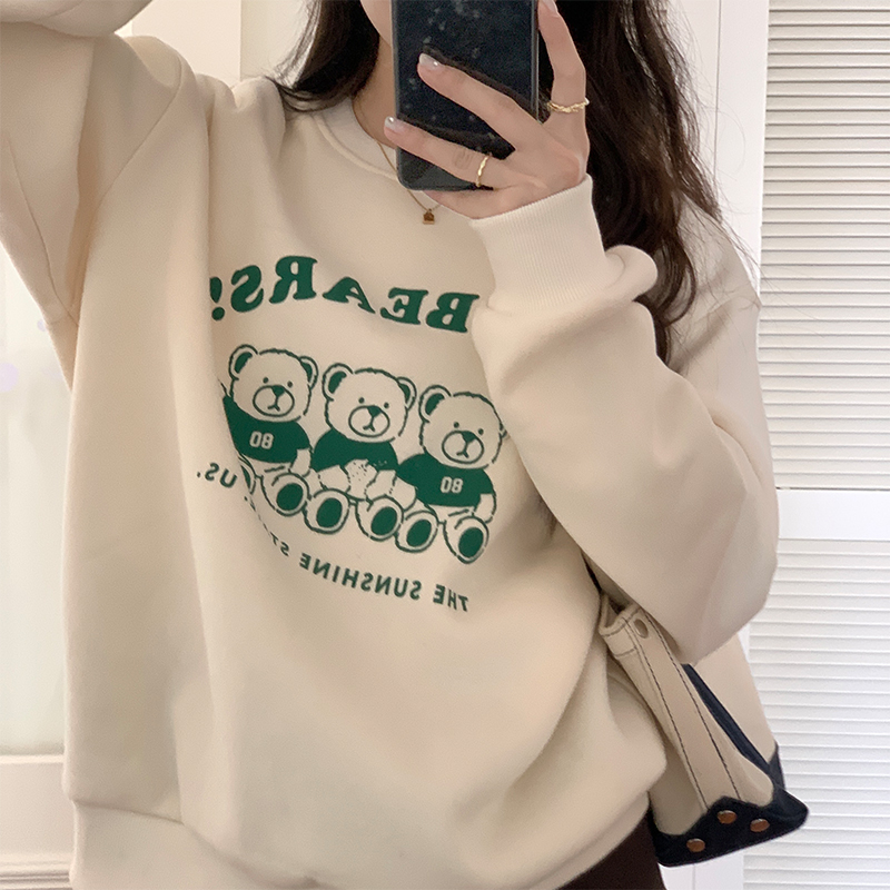 Real shot autumn and winter round neck casual top coat 2022 niche design printing plus velvet thickening short sweater women