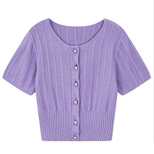 Beautiful summer purple top ins women's fashion short sleeve cardigan women's spring outside short T-shirt Knitted Top thin