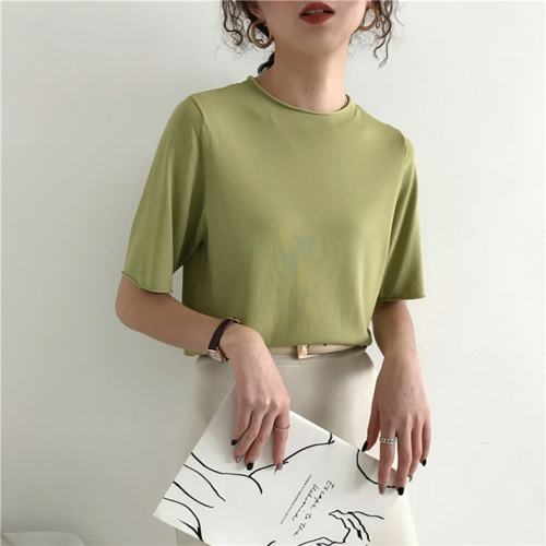 Half sleeve ice silk knit top women's spring and summer new Korean style all round neck solid color short sleeve Slim Fit Shirt