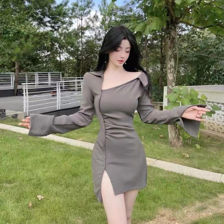 Windy sexy lapel asymmetrical shirt dress with elastic bag buttocks showing thin slit clavicle skirt