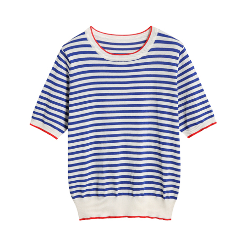 Stripe knitted T-shirt women's short sleeve ice silk sea soul shirt shows thin contrast color British Academy style thin Pullover