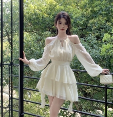 Real shot French sexy off-shoulder halterneck ruffled waist chiffon dress