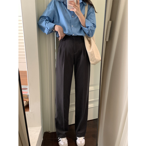 Real shot autumn gray suit pants women's niche casual straight-leg pants are thin and droopy small man mopping pants women