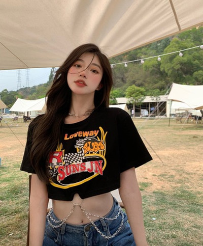 2022 summer new spice girls versatile ins fashion T-shirt women's design sense chain short open navel short sleeve top