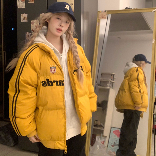 American retro high street striped sleeve cotton coat women's stand collar loose cotton jacket winter bread coat