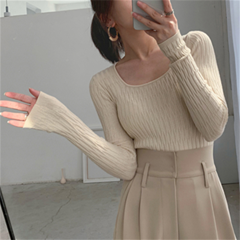 French retro haze blue top women's long-sleeved square-neck bottoming sweater autumn and winter women's fashion