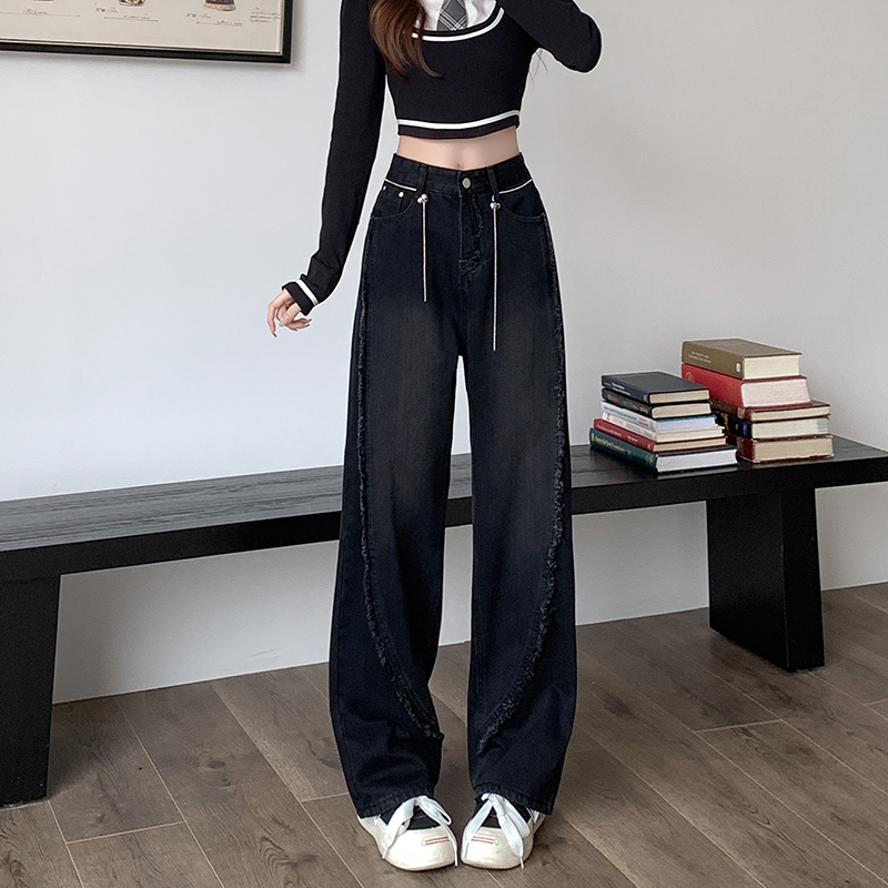 Real shot design stitching raw edge jeans women's high waist vertical straight trousers loose wide leg pants