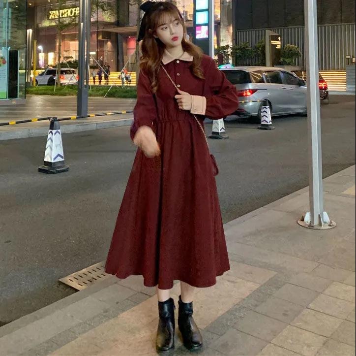 Spring sweet retro bow, thin dress, female student Korean version, versatile medium and long A-line skirt