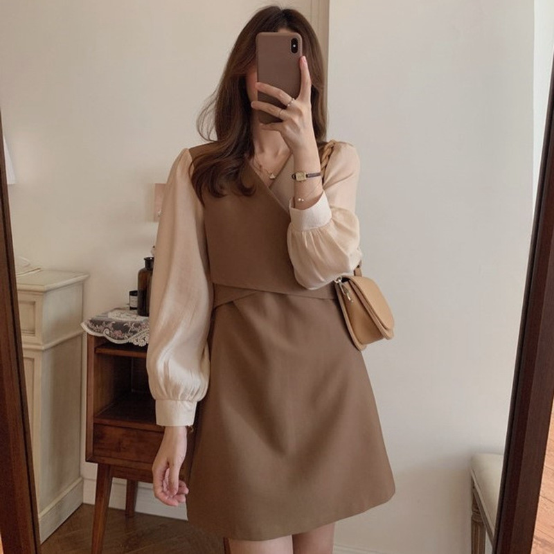 Spring new French retro collar high waist close waist thin long sleeve goddess style short dress
