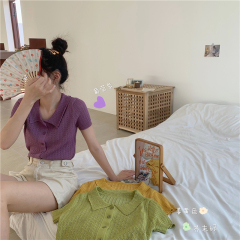 Real photo real price Korean version Lapel short show thin knitting hollow short sleeve cardigan woman