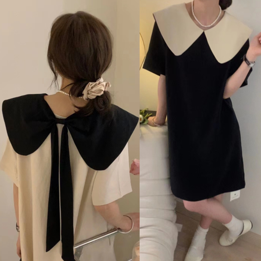 Korean women wear dresses on both sides. Women's gentle age reduction design. Bow tie, big collar, ribbon doll skirt