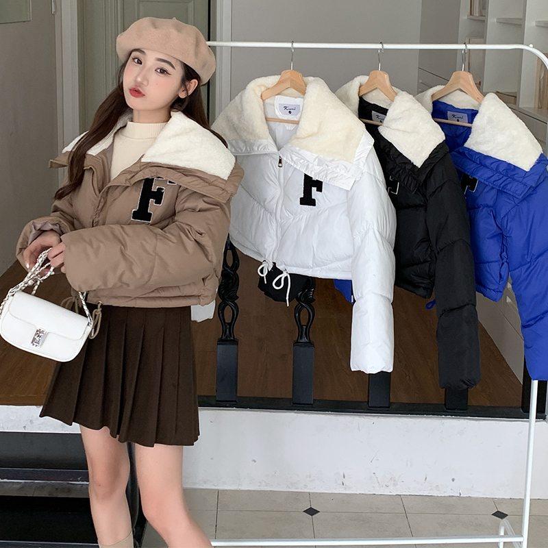 Real shot South Korea's Dongdaemun 2022 winter new letter stitching large lapel lamb wool short thick cotton coat women