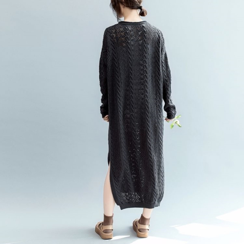 Large women's long wool dress over knee autumn women's 2020 new split art hollow out knitwear dress