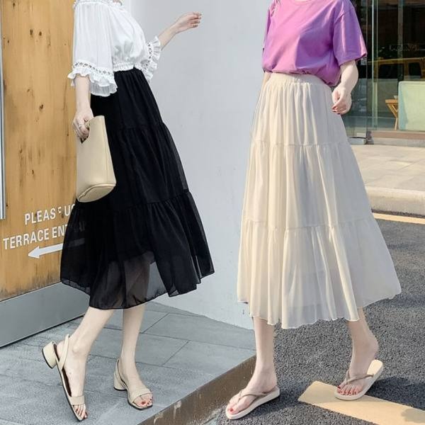 Pearl chiffon A-line skirt fairy super fairy forest 2023 summer dress long high waist student cake skirt