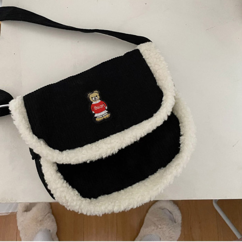 Real shot special Korean ins embroidery bear corduroy stitching lamb wool oblique cross bag student bag