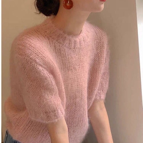 Pink lazy Mohair short sleeved sweater women's spring 2022 New Vintage loose round neck sweater top