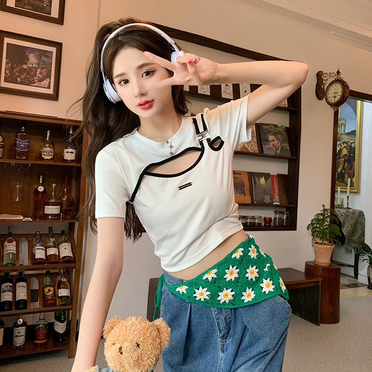 220g thread fake two pieces slim hot girl short top design metal buckle short-sleeved T-shirt to cover belly