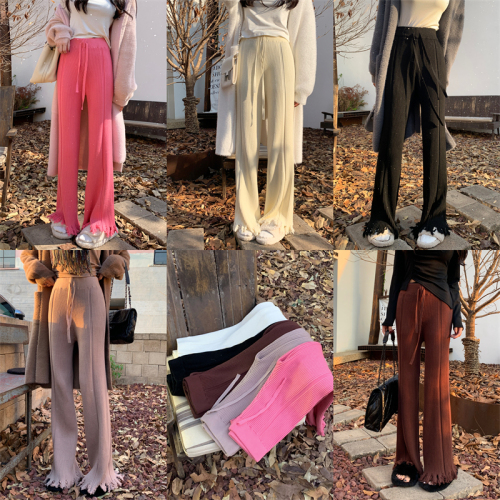 2022 autumn and winter new high waist drawstring thin fringed knitted flared floor mopping pants trousers
