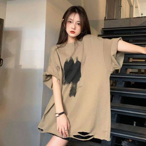 Pierced short sleeve T-shirt women's spring and summer 2022 new loose, thin and versatile large bottomed shirt
