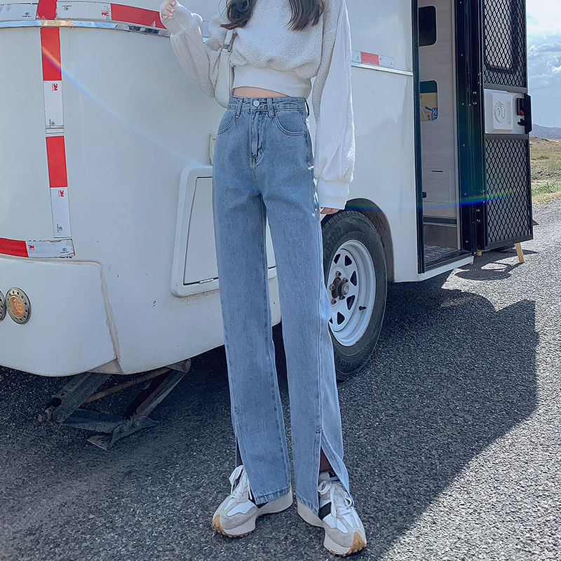 Real shooting high waist slightly flared split jeans women's wide leg straight tube versatile split horn pants look thin light blue black