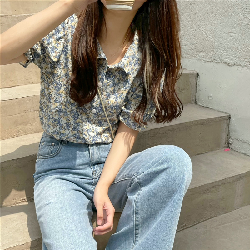 Real price summer retro romantic floral suit collar short sleeve blouse
