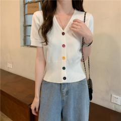 Summer small top short with High Waist Wide Leg Pants slim thin V-neck white short sleeve T-shirt cardigan