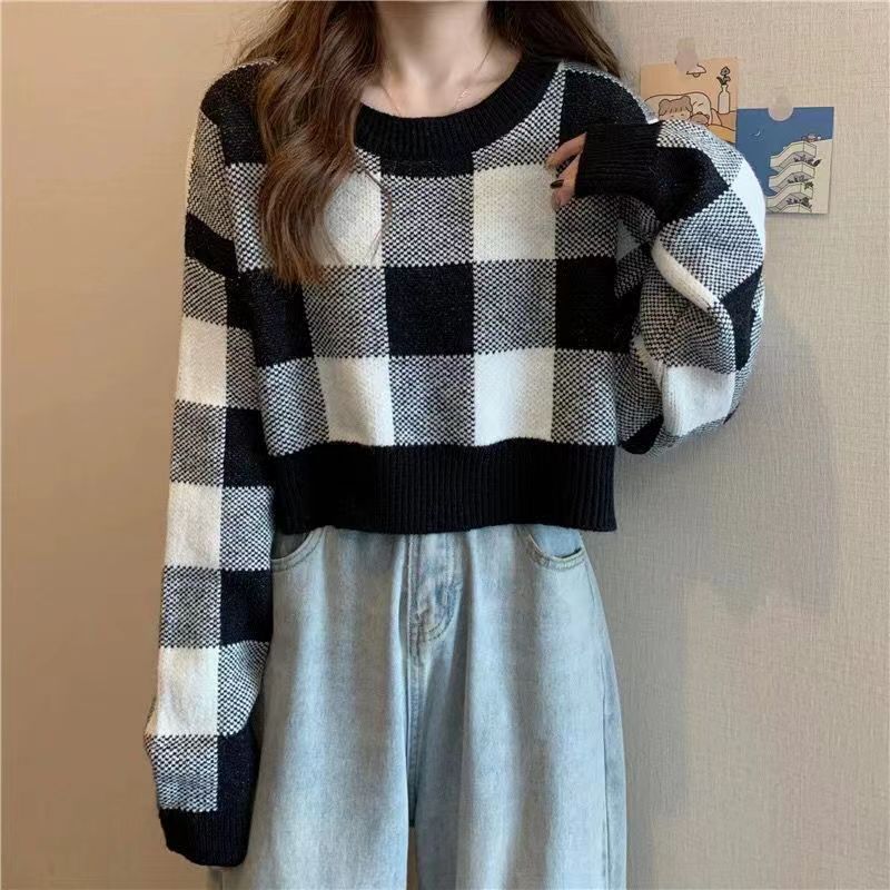 Korean version checkerboard plaid short sweater loose all-match lazy thin soft waxy top women