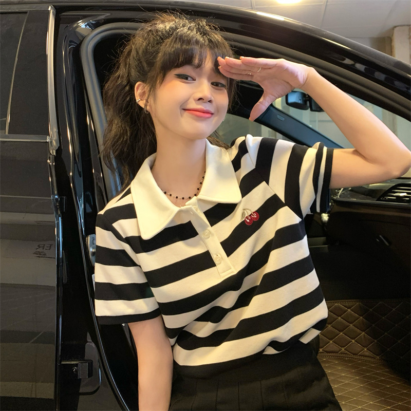 Douyin Cherry niche model 2024 short-sleeved T-shirt women's summer loose POLO collar striped embroidery Korean top T-shirt