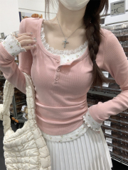 Actual shot of autumn Korean style Pure Desire contrasting color lace floral button pleat design long-sleeved T-shirt with inner top