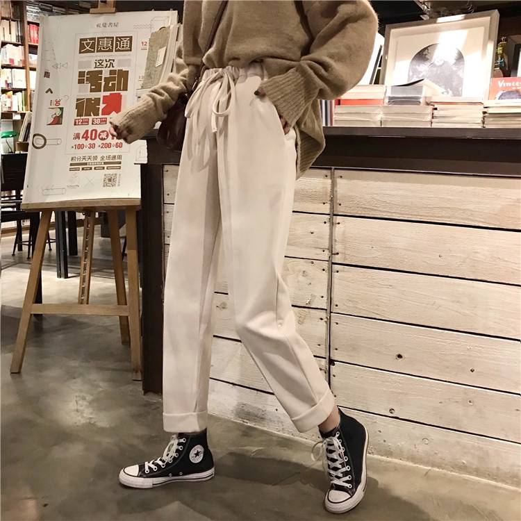 Autumn and winter elastic waist woolen pants children's loose falling feeling Korean thickened leisure high waist straight pants grandma
