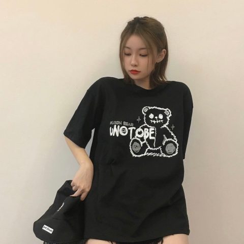 Diablo bear print short sleeve t-shirt female summer new Korean ins loose student casual top