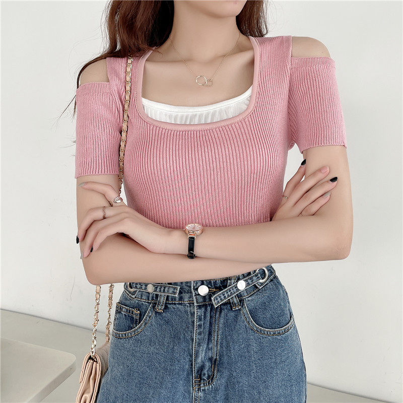 Real Korean version of care machine short top women's wear versatile fake two off shoulder short sleeve knitted bottomed sweater fashion